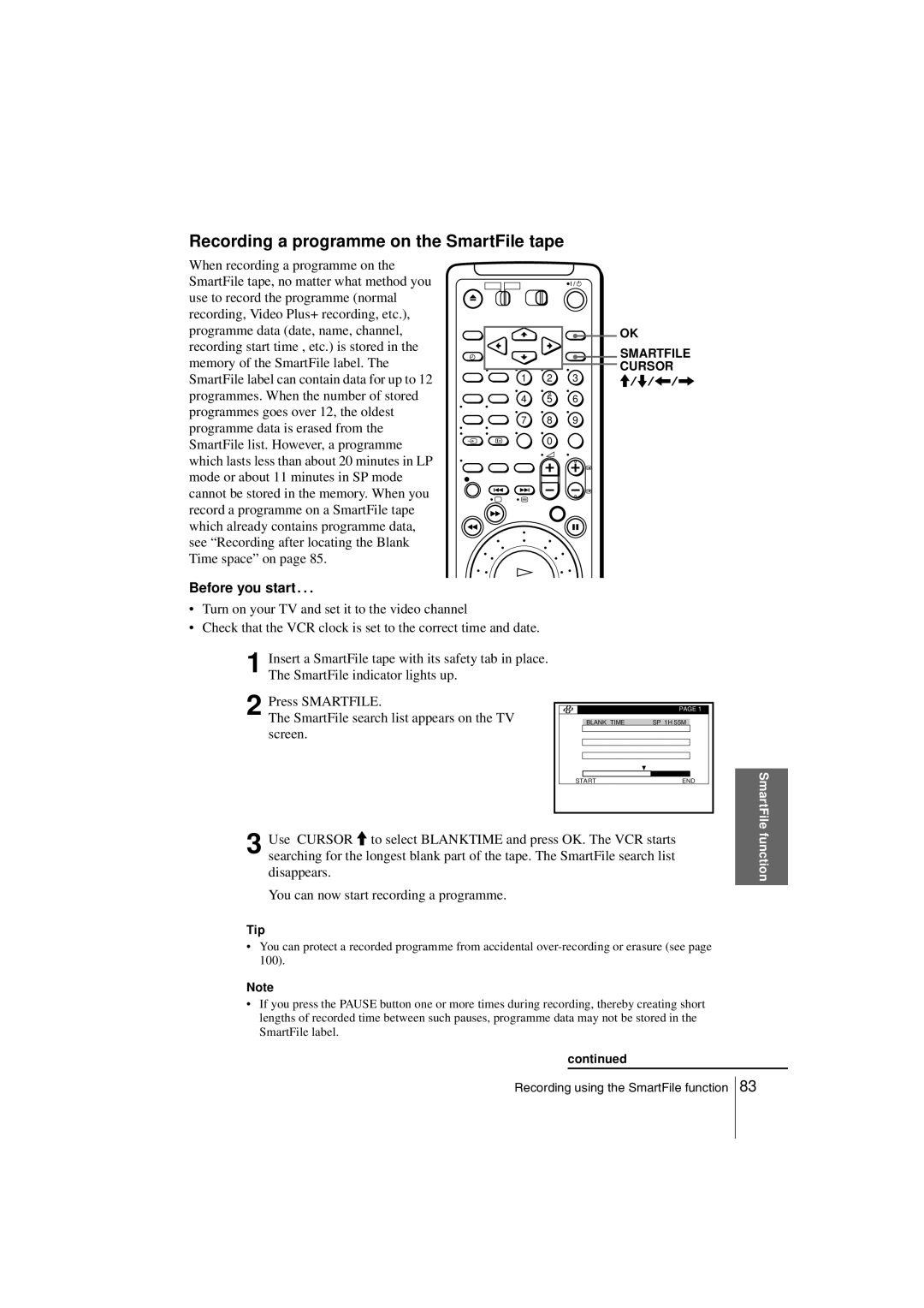 Sony SLV-SF990G manual Recording a programme on the SmartFile tape, Memory of the SmartFile label 