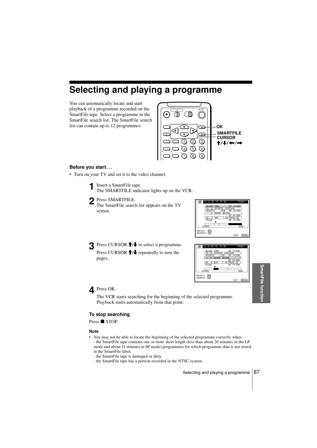 Sony SLV-SF990G manual Selecting and playing a programme, To stop searching 