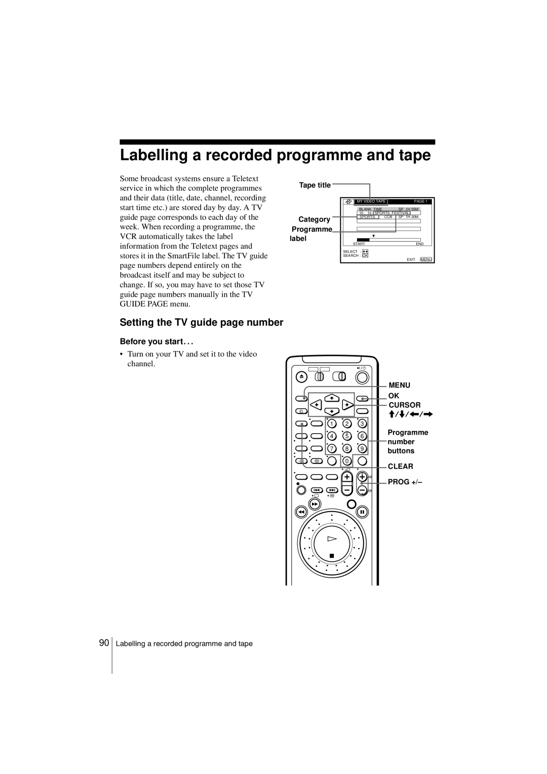 Sony SLV-SF990G manual Labelling a recorded programme and tape, Setting the TV guide page number, Tape title Category 