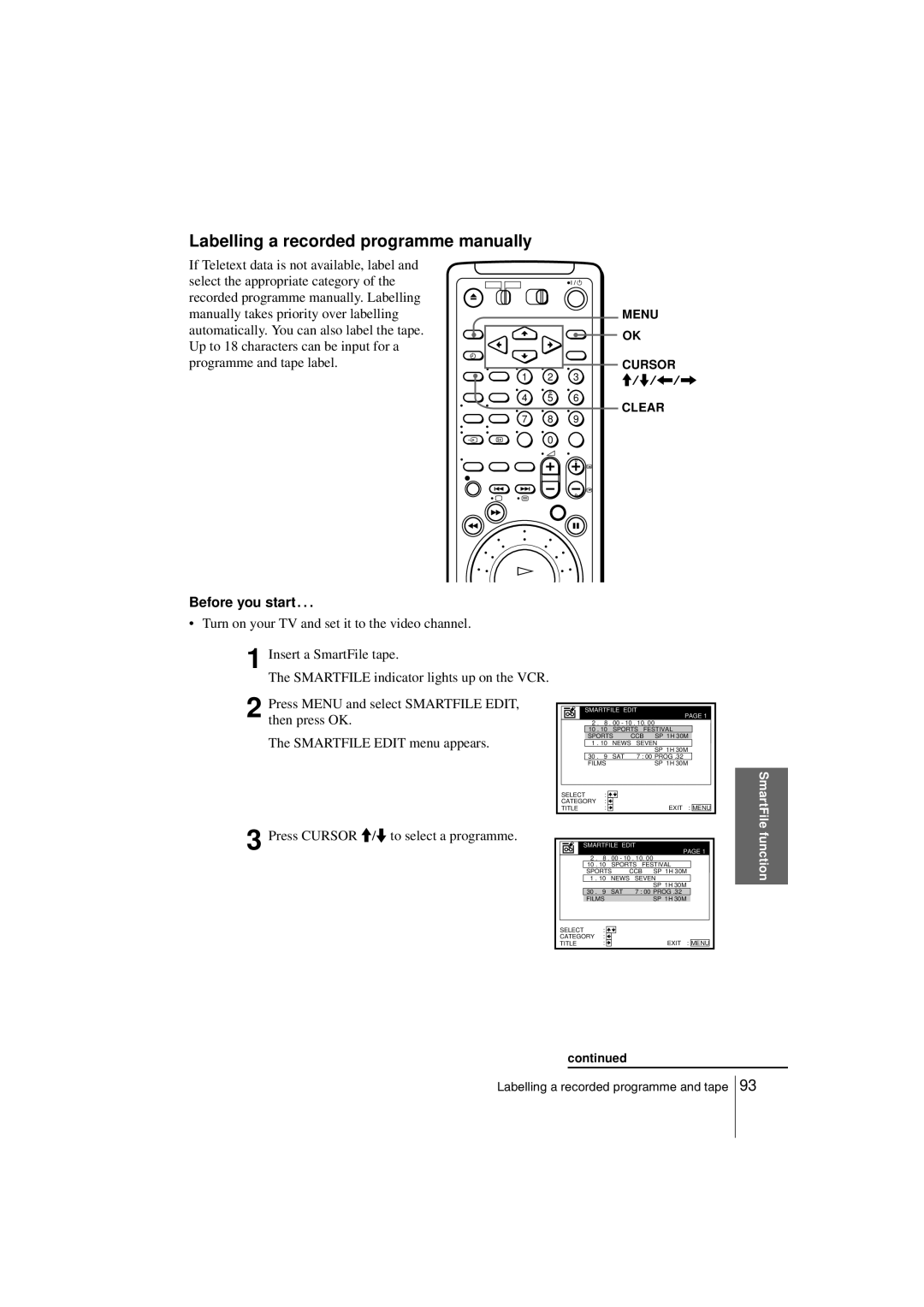 Sony SLV-SF990G Labelling a recorded programme manually, Smartfile Edit 