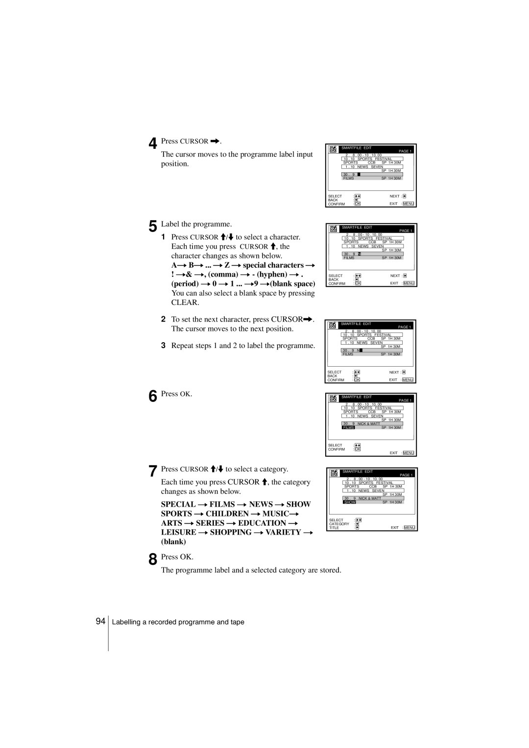 Sony SLV-SF990G manual Clear, Press OK Programme label and a selected category are stored 