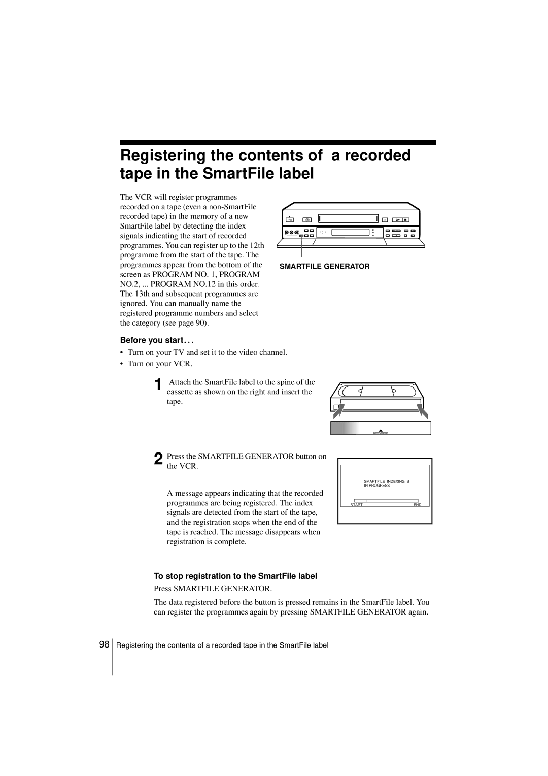 Sony SLV-SF990G manual To stop registration to the SmartFile label, Press Smartfile Generator 