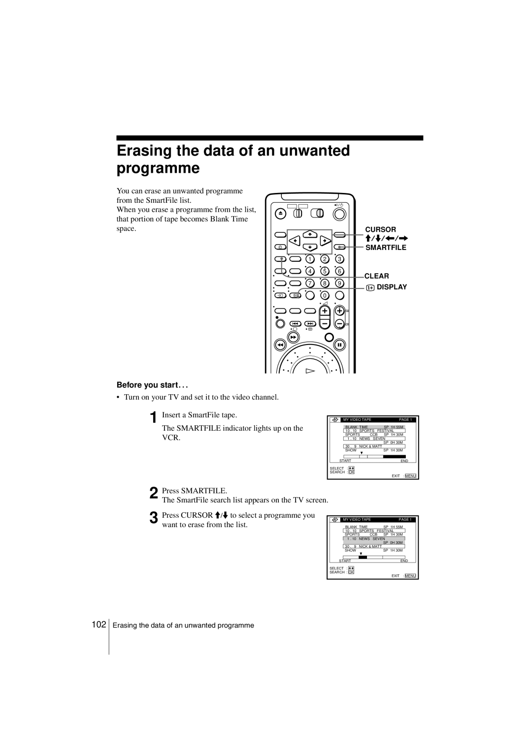 Sony SLV-SF990G manual Erasing the data of an unwanted programme, Before you start… 