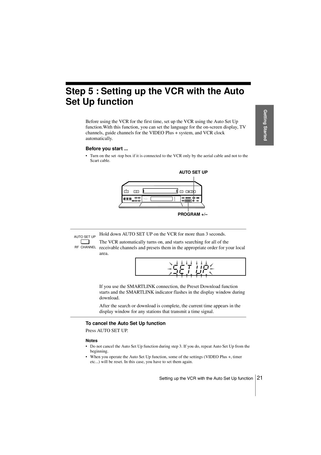 Sony SLV-SF990G Setting up the VCR with the Auto Set Up function, Before you start, To cancel the Auto Set Up function 