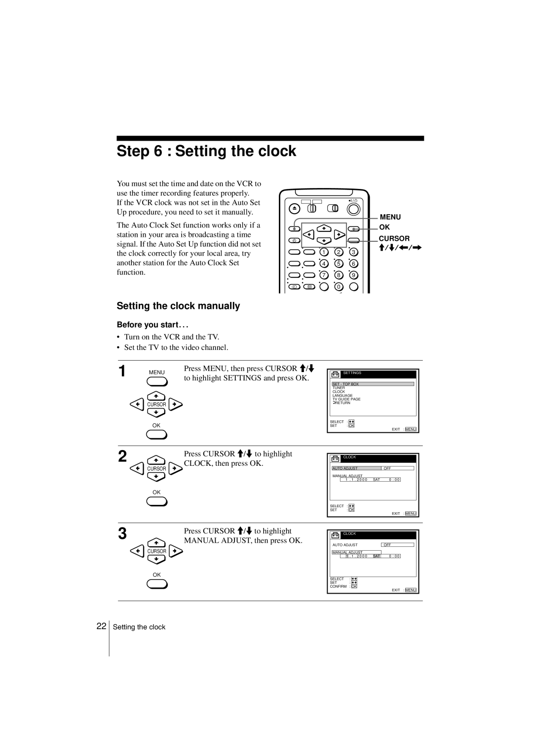 Sony SLV-SF990G Setting the clock manually, Before you start… 