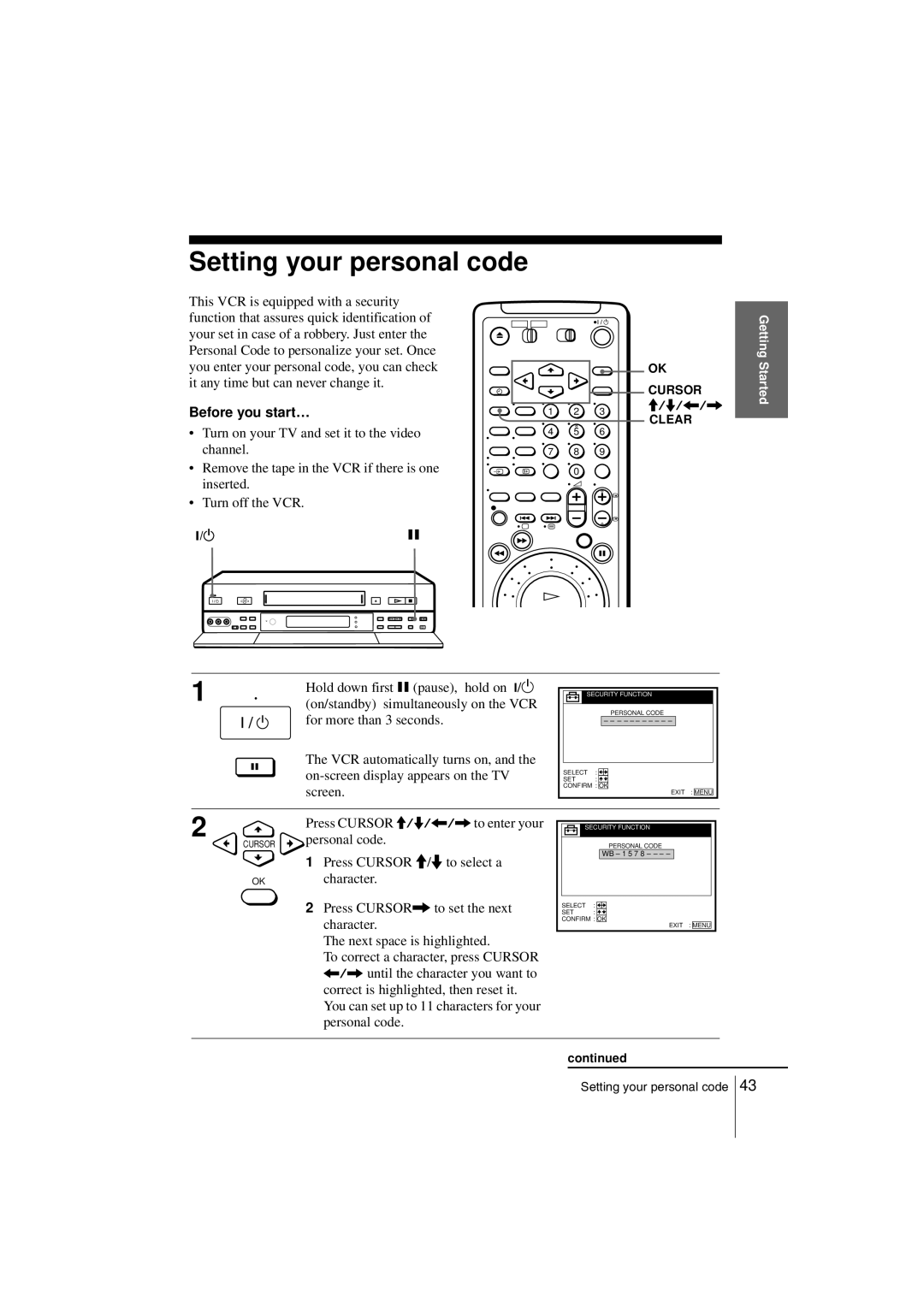Sony SLV-SF990G manual Setting your personal code, Before you start… 