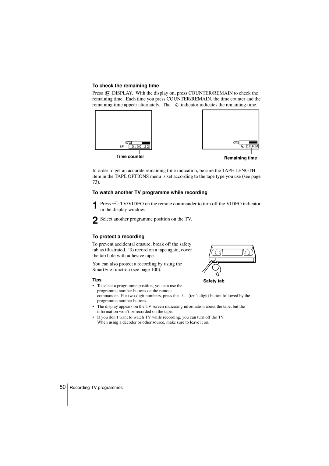 Sony SLV-SF990G manual To check the remaining time, To watch another TV programme while recording, To protect a recording 