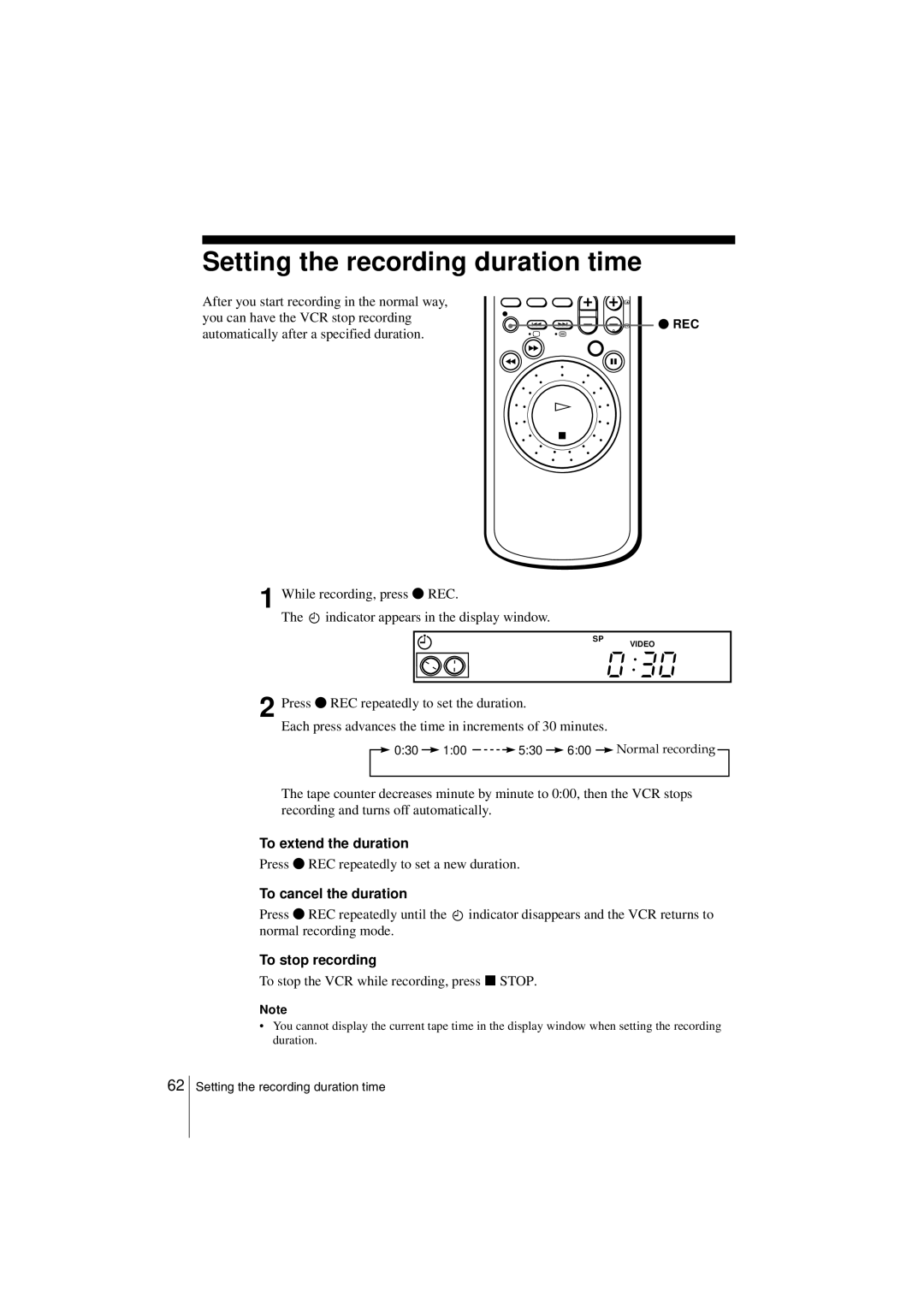Sony SLV-SF990G Setting the recording duration time, To extend the duration, To cancel the duration, To stop recording 