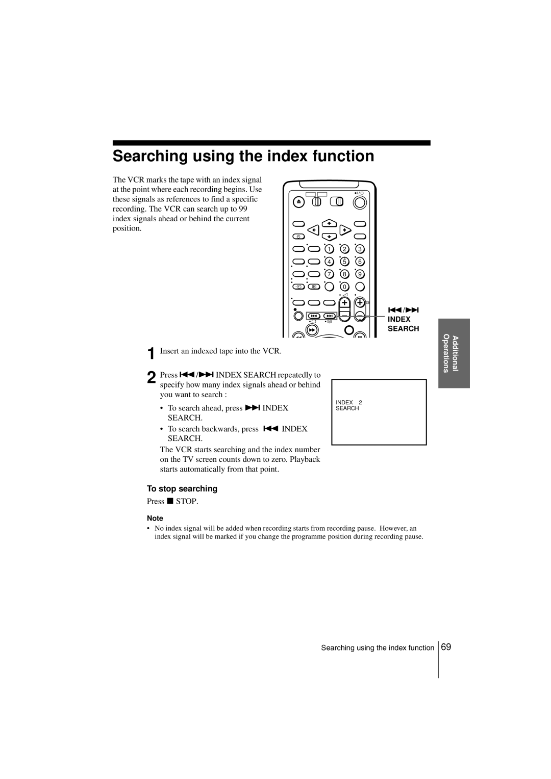 Sony SLV-SF990G manual Searching using the index function, To stop searching 
