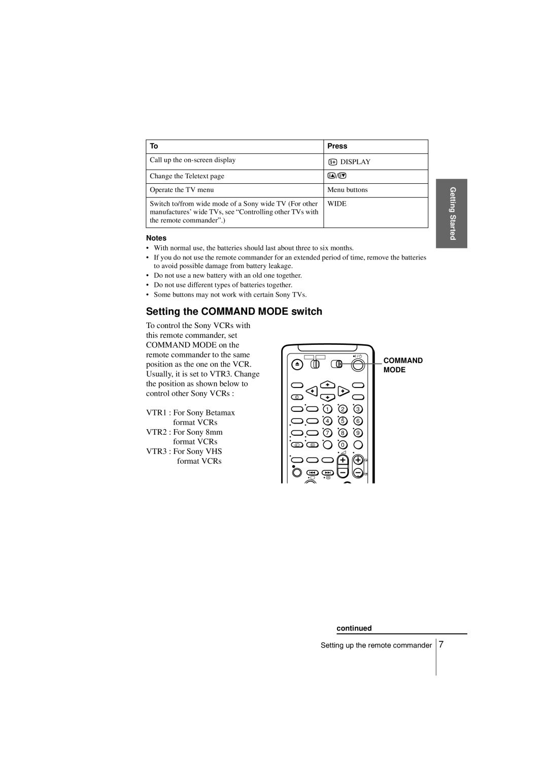 Sony SLV-SF990G manual Setting the COMMAND MODE switch 