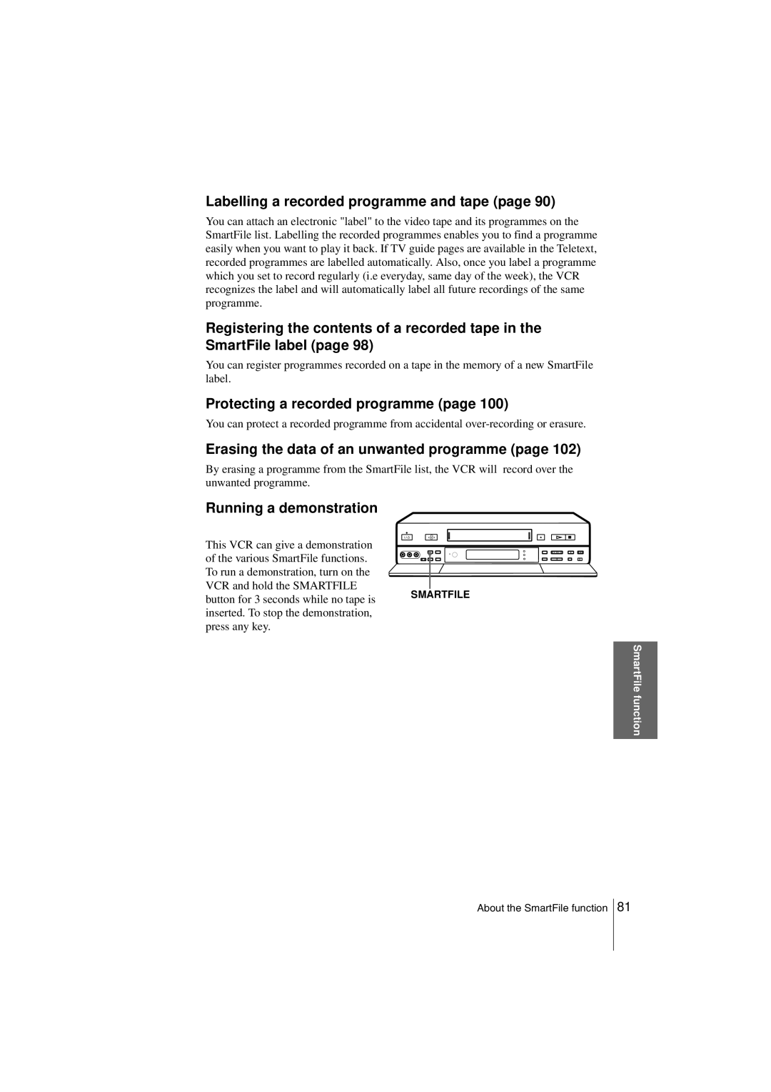 Sony SLV-SF990G manual Labelling a recorded programme and tape page, Protecting a recorded programme page, Smartfile 