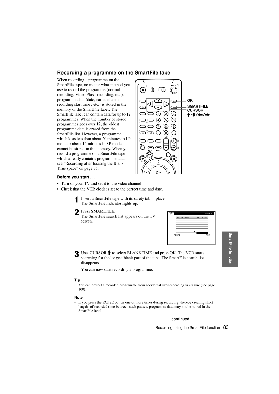 Sony SLV-SF990G manual Recording a programme on the SmartFile tape, Before you start…, function 