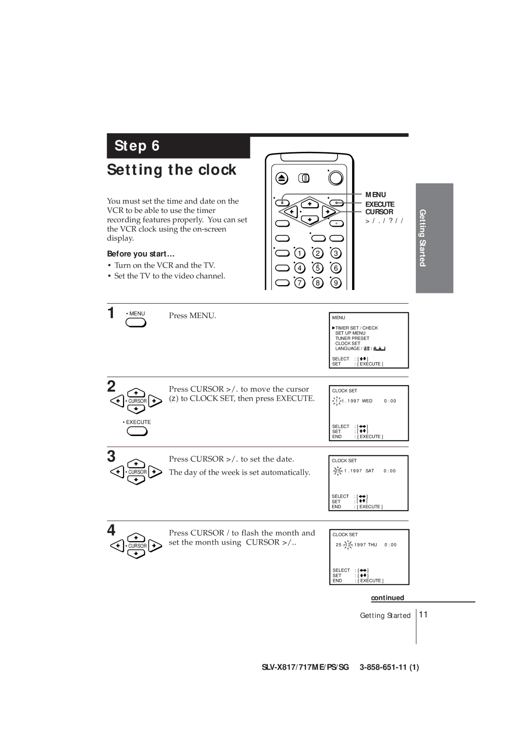 Sony SLV-X717PS, SLV-X817ME, SLV-X717ME, SLV-X717SG, SLV-X817PS, SLV-X817SG Setting the clock, Before you start… 