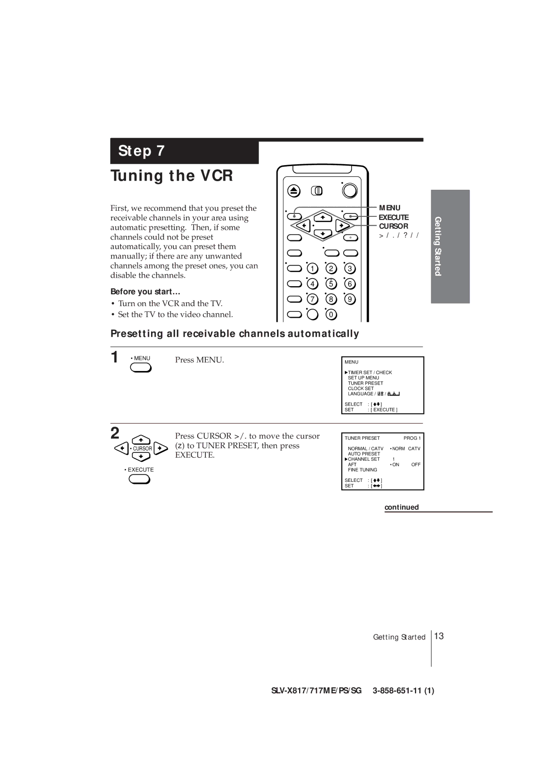 Sony SLV-X717ME, SLV-X817ME, SLV-X717SG, SLV-X817PS Tuning the VCR, Presetting all receivable channels automatically 