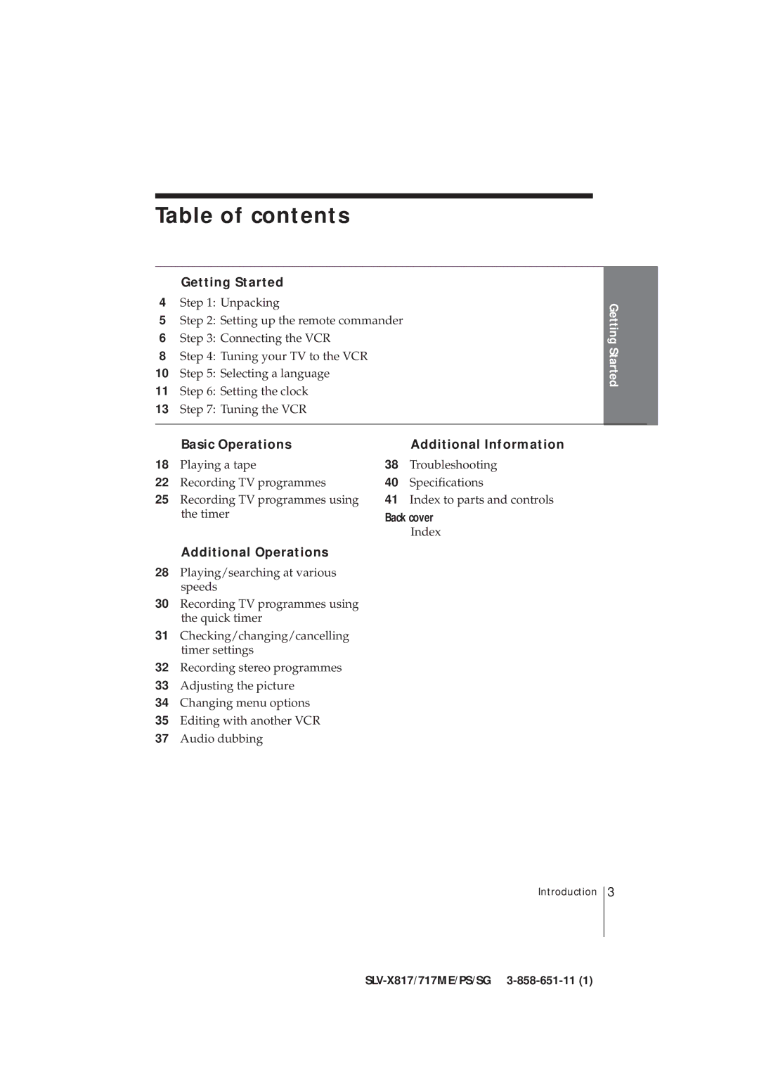 Sony SLV-X817PS, SLV-X817ME, SLV-X717ME, SLV-X717SG, SLV-X817SG, SLV-X717PS operating instructions Table of contents 