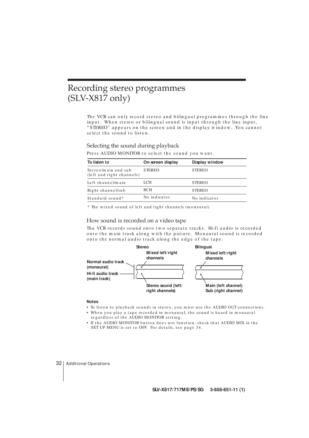 Sony SLV-X717SG, SLV-X817ME, SLV-X717ME Recording stereo programmes SLV-X817 only, Selecting the sound during playback 