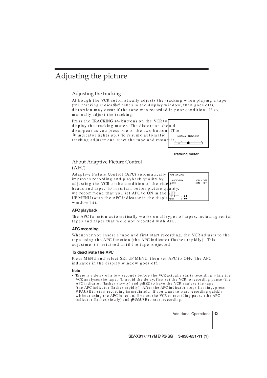 Sony SLV-X817PS, SLV-X817ME, SLV-X717ME Adjusting the picture, Adjusting the tracking, About Adaptive Picture Control APC 