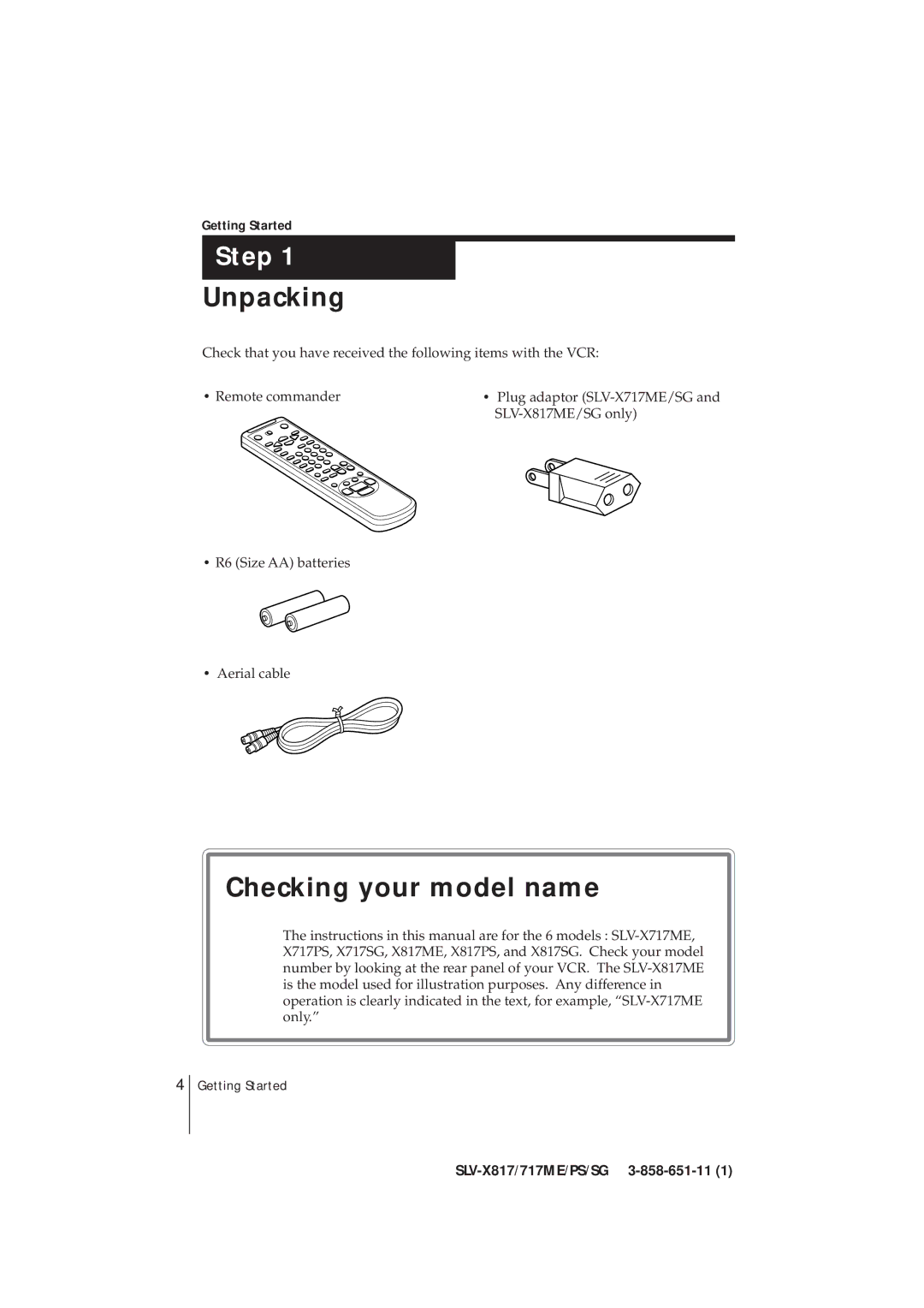 Sony SLV-X817SG, SLV-X817ME, SLV-X717ME, SLV-X717SG, SLV-X817PS Unpacking, Checking your model name, Getting Started 