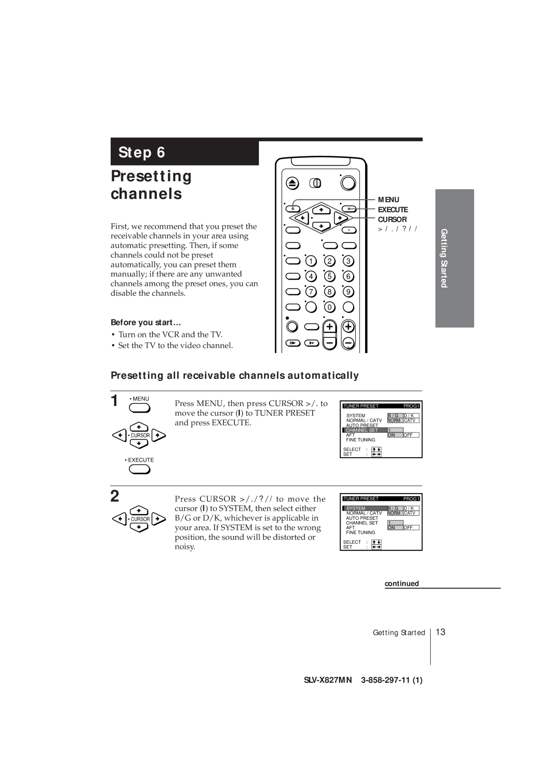 Sony SLV-X827MN manual Presetting channels, Presetting all receivable channels automatically 