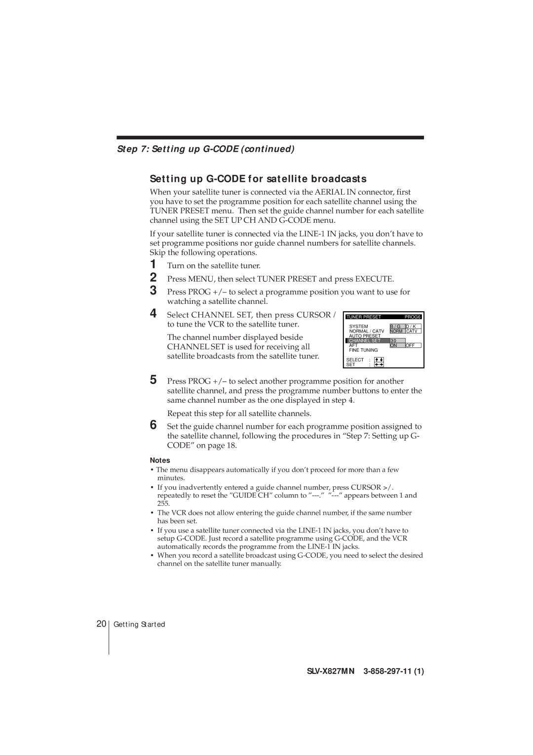 Sony SLV-X827MN manual Setting up G-CODE for satellite broadcasts 