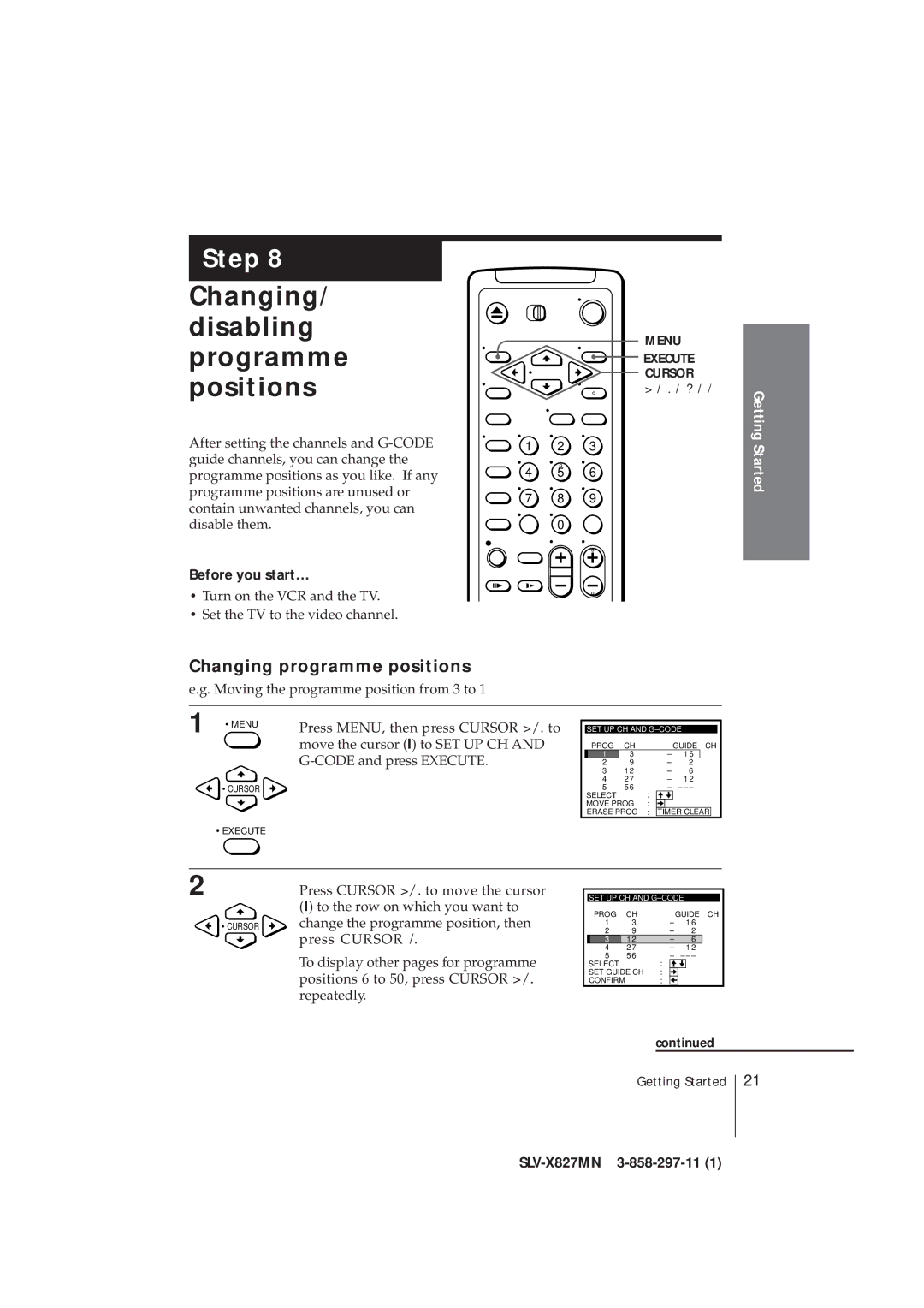 Sony SLV-X827MN manual Changing/ disabling programme positions, Changing programme positions 