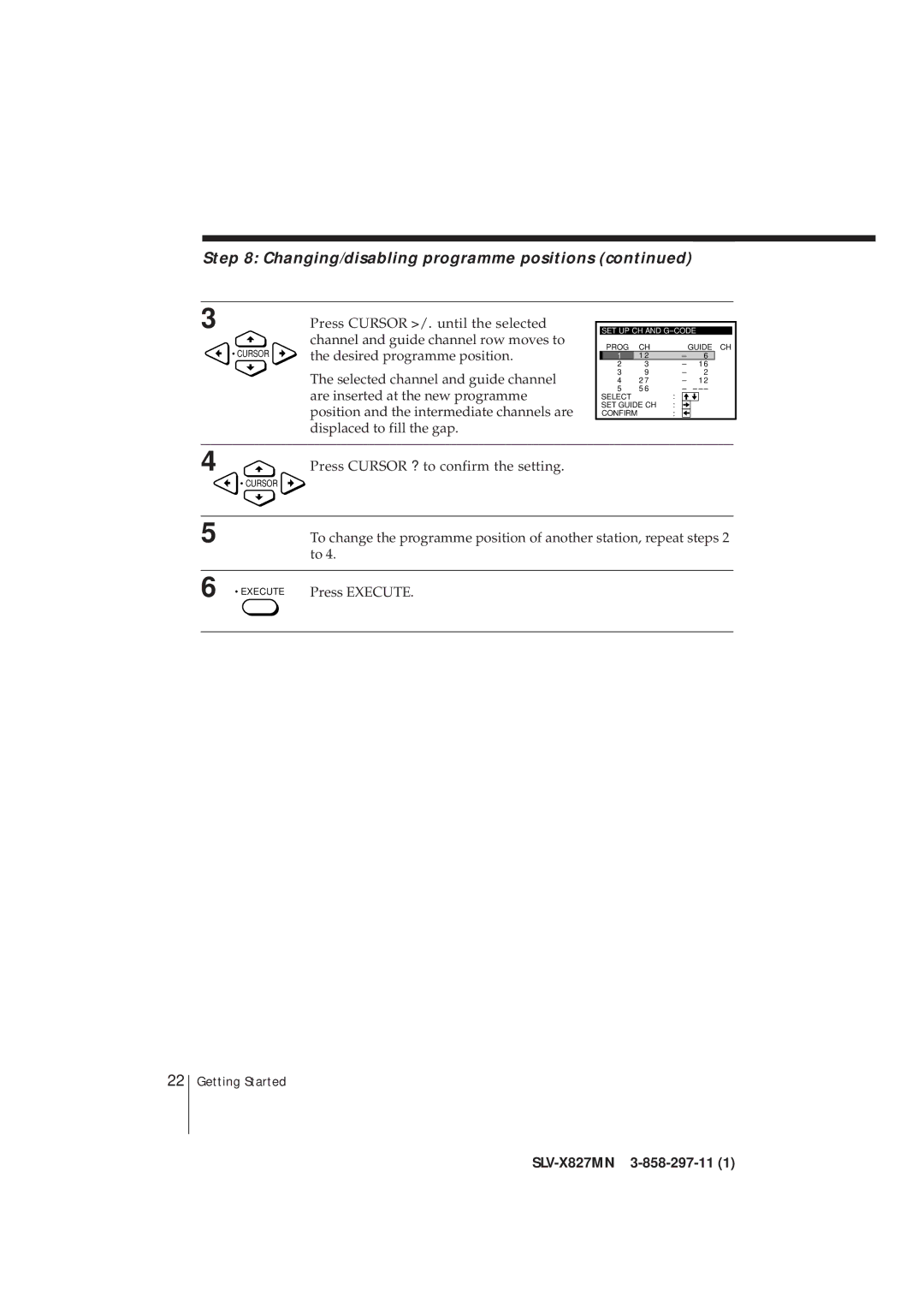 Sony SLV-X827MN manual Changing/disabling programme positions 