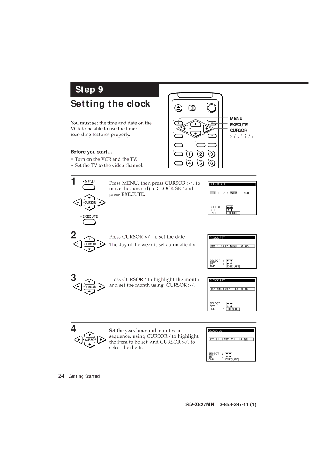 Sony SLV-X827MN manual Setting the clock, Before you start… 