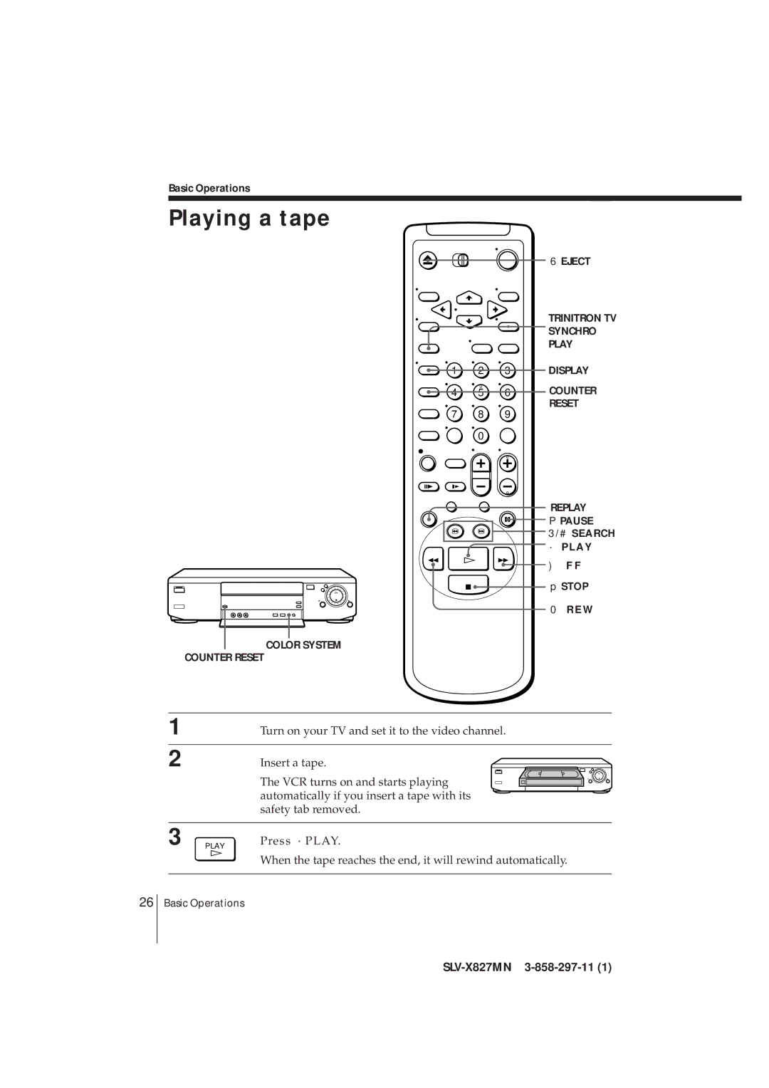 Sony SLV-X827MN manual Playing a tape, Basic Operations, # Search · P L AY Stop E W 