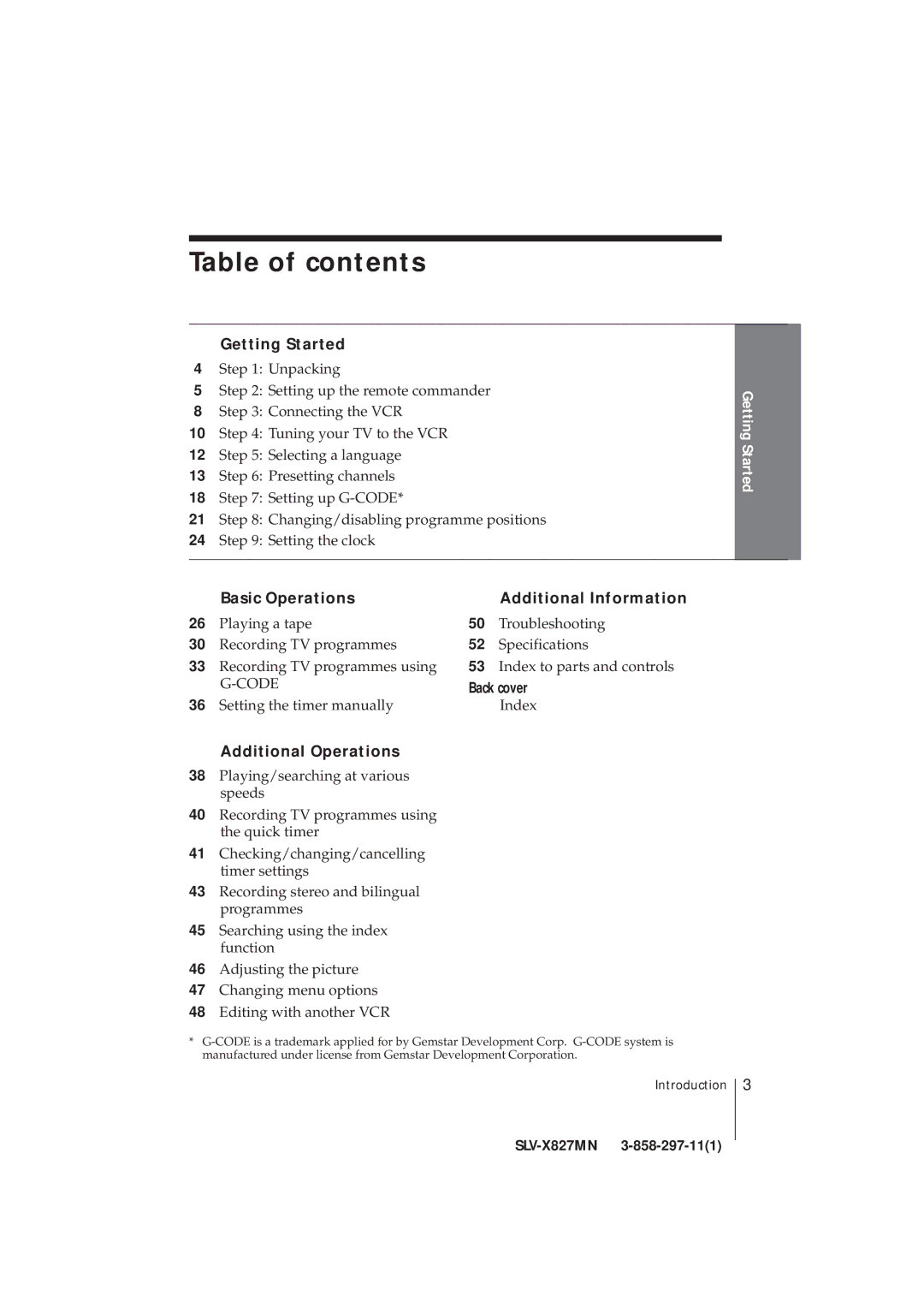 Sony SLV-X827MN manual Table of contents 