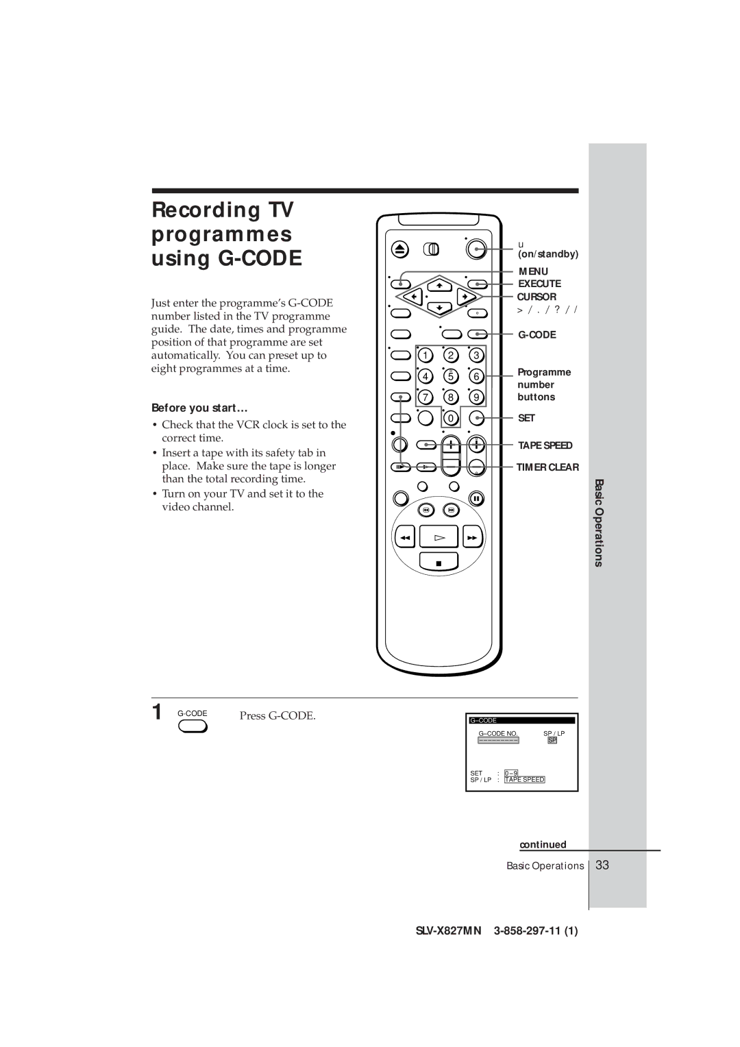 Sony SLV-X827MN manual Recording TV Programmes Using G-CODE, Operations 