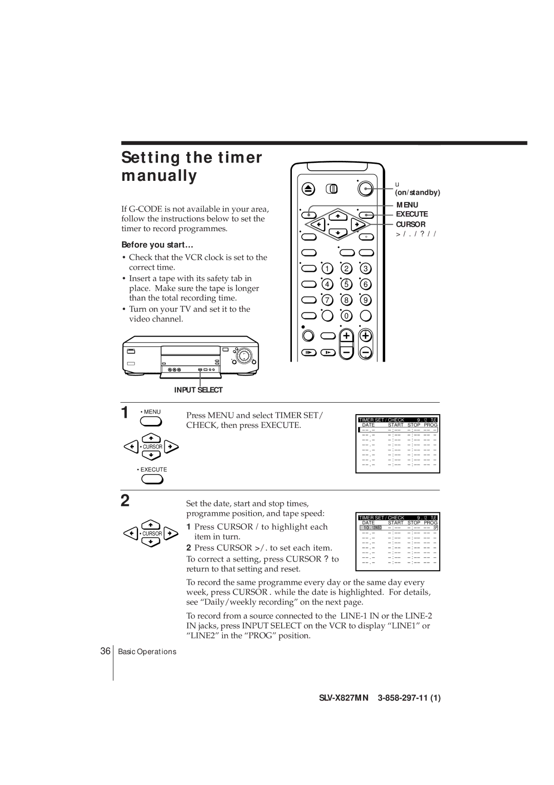 Sony SLV-X827MN Setting the timer manually, On/standby 