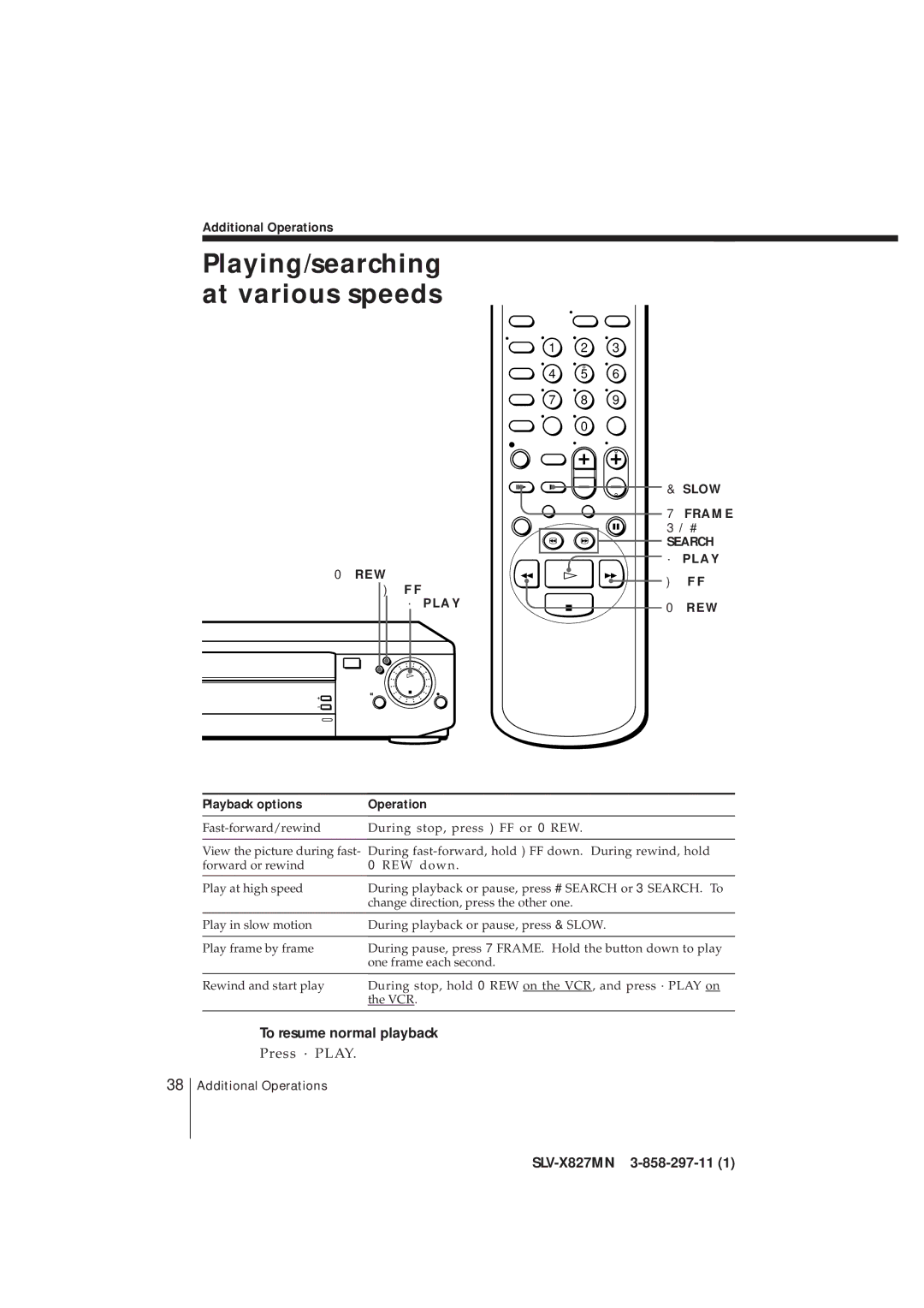 Sony SLV-X827MN manual Playing/searching at various speeds, To resume normal playback, Additional Operations 