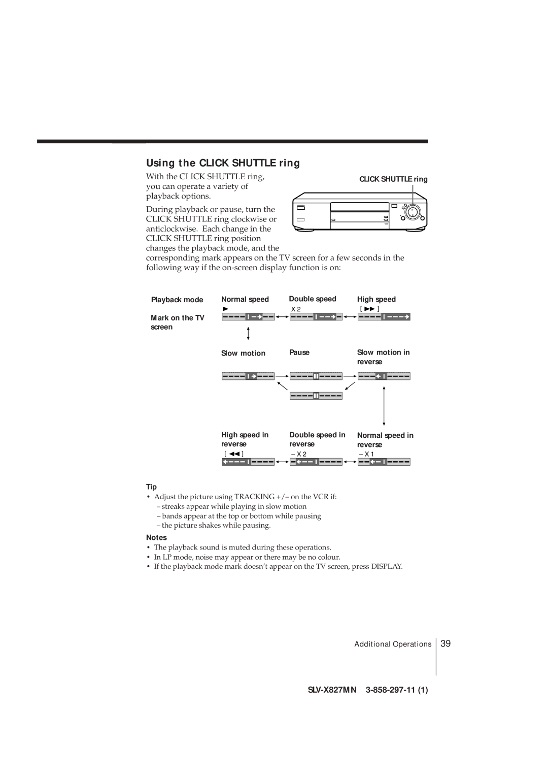 Sony SLV-X827MN manual Using the Click Shuttle ring, Slow motion Reverse High speed, Reverse Tip 