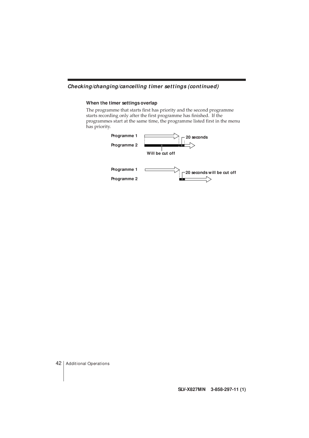 Sony SLV-X827MN manual Checking/changing/cancelling timer settings, When the timer settings overlap 