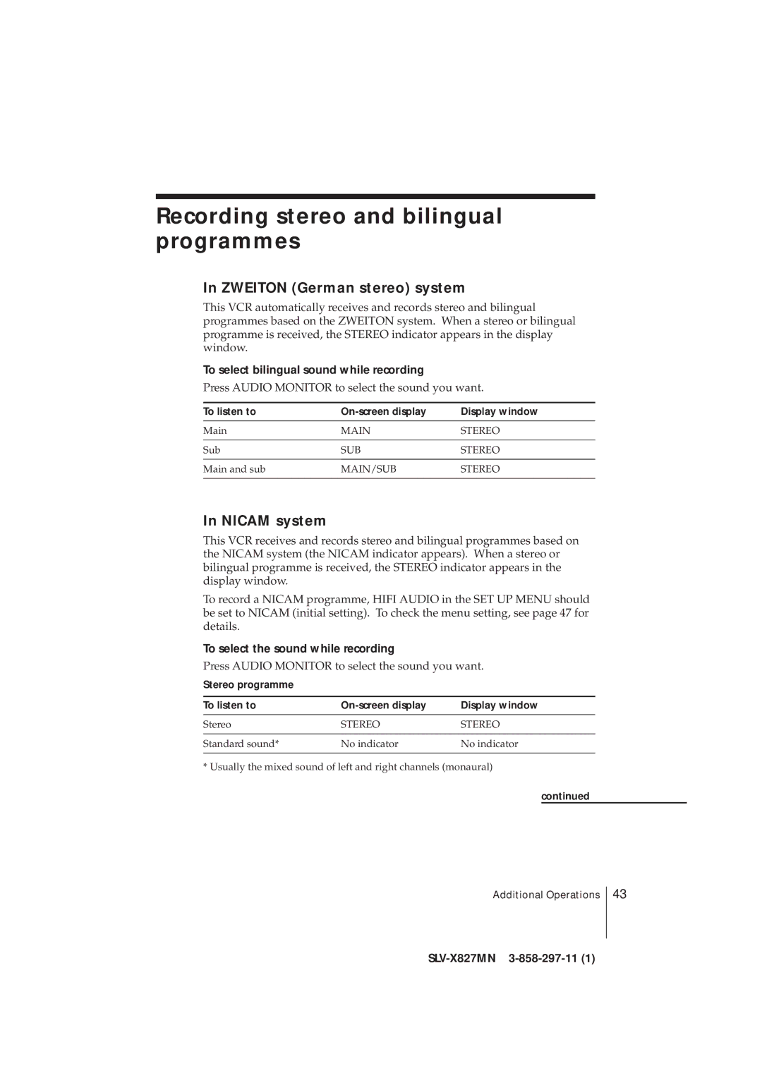 Sony SLV-X827MN manual Recording stereo and bilingual programmes, Zweiton German stereo system, Nicam system 