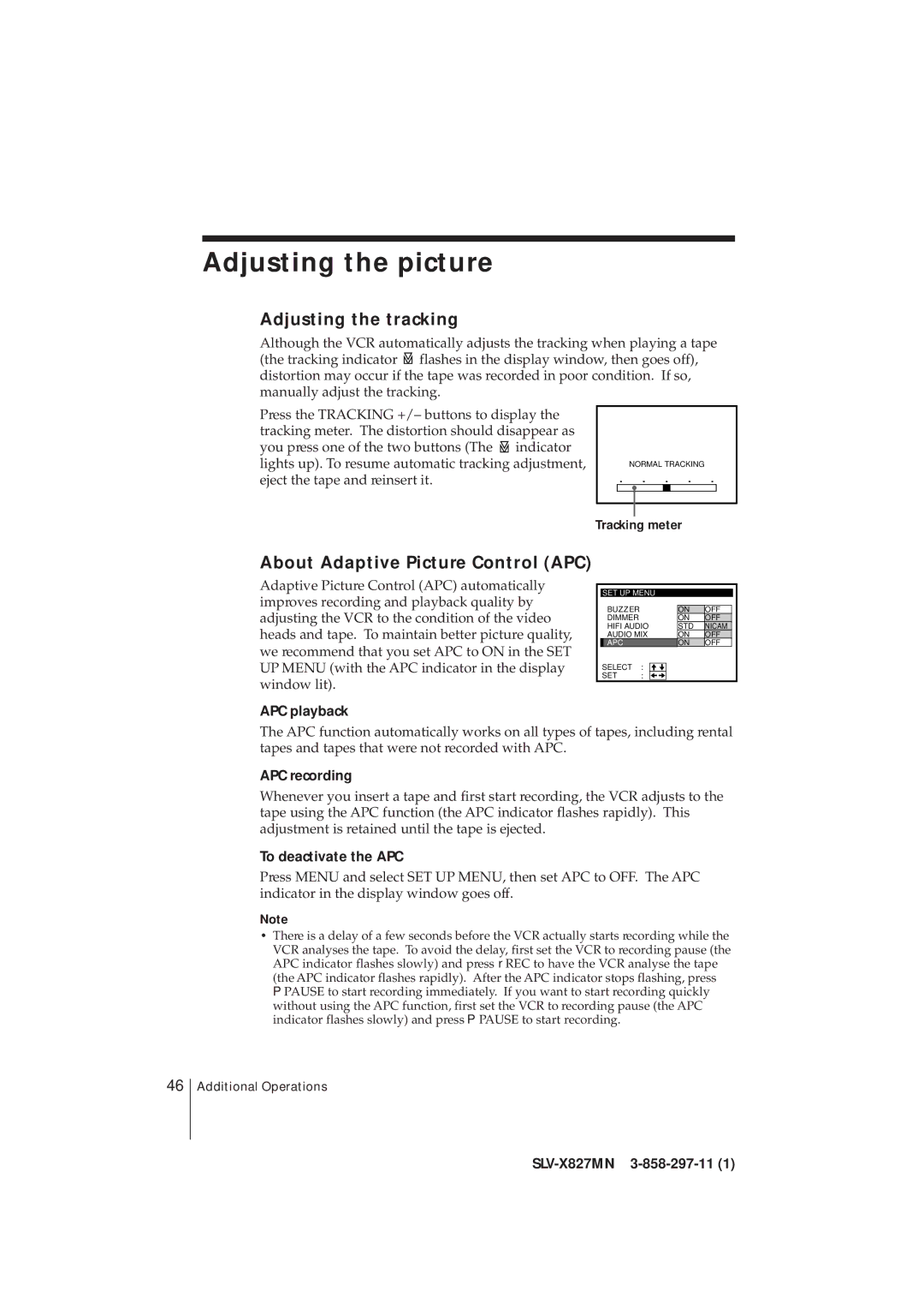 Sony SLV-X827MN manual Adjusting the picture, Adjusting the tracking, About Adaptive Picture Control APC 