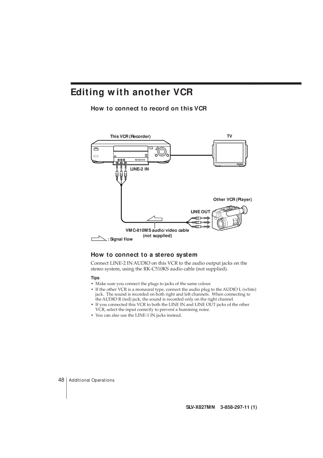 Sony SLV-X827MN manual Editing with another VCR, How to connect to record on this VCR, How to connect to a stereo system 