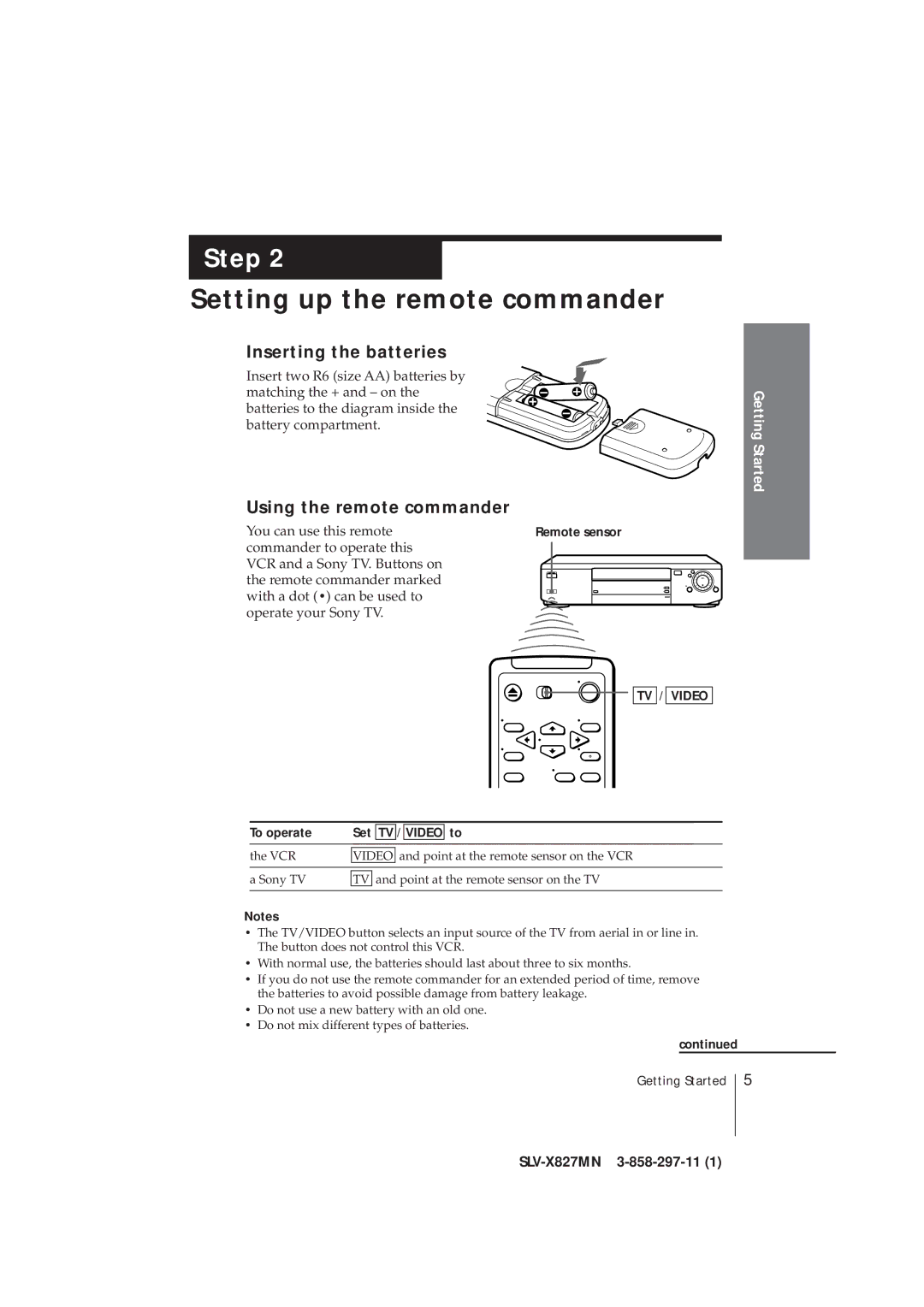 Sony SLV-X827MN manual Setting up the remote commander, Inserting the batteries, Using the remote commander, To operate Set 