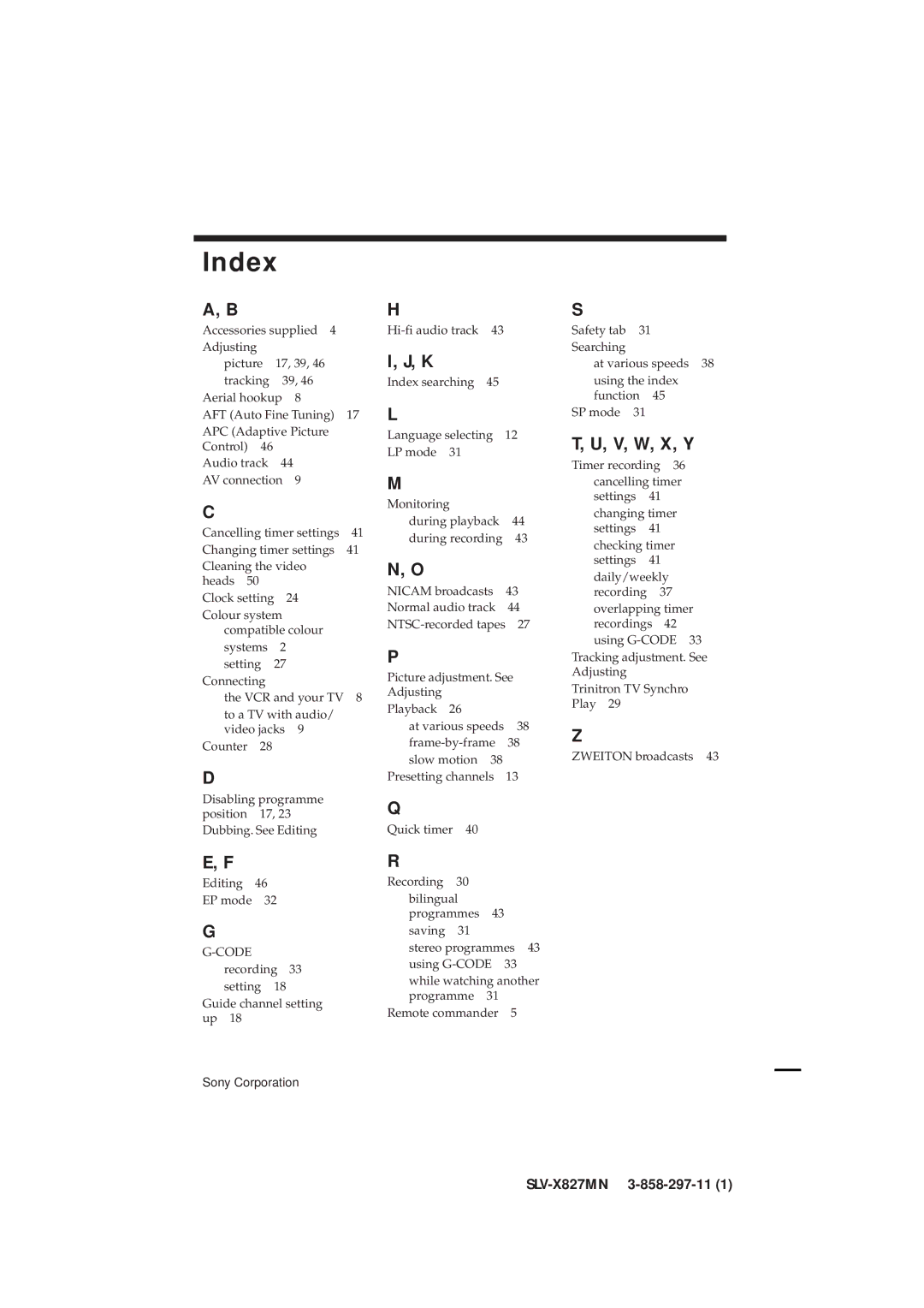 Sony SLV-X827MN manual Index, V, W, X, Y 