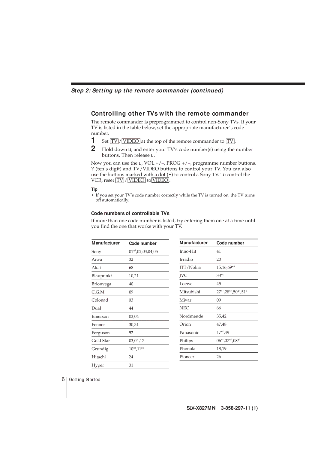 Sony SLV-X827MN manual Controlling other TVs with the remote commander, Setting up the remote commander, Tip 