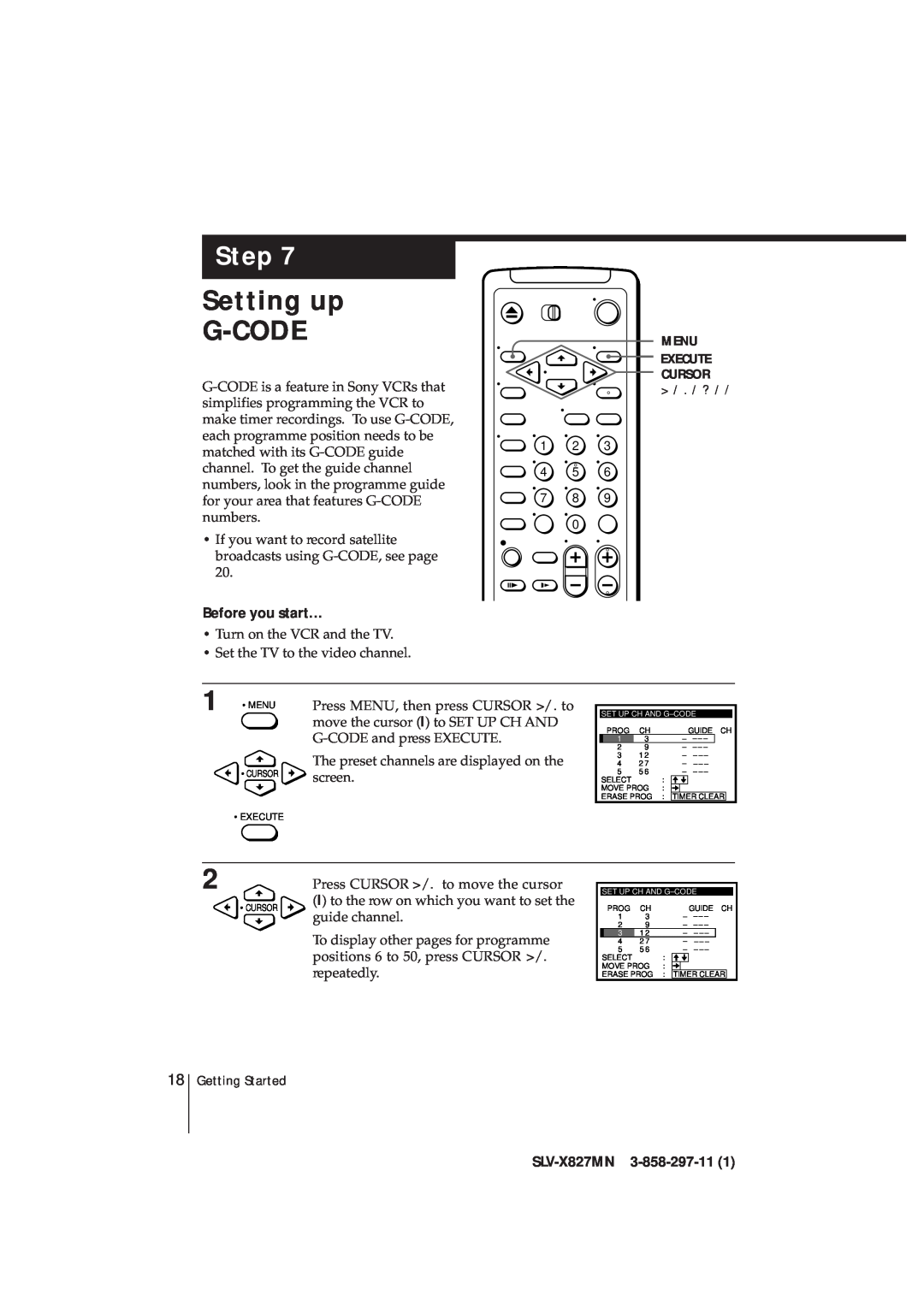 Sony manual Setting up G-CODE, Step, Before you start…, SLV-X827MN 3-858-297-11 