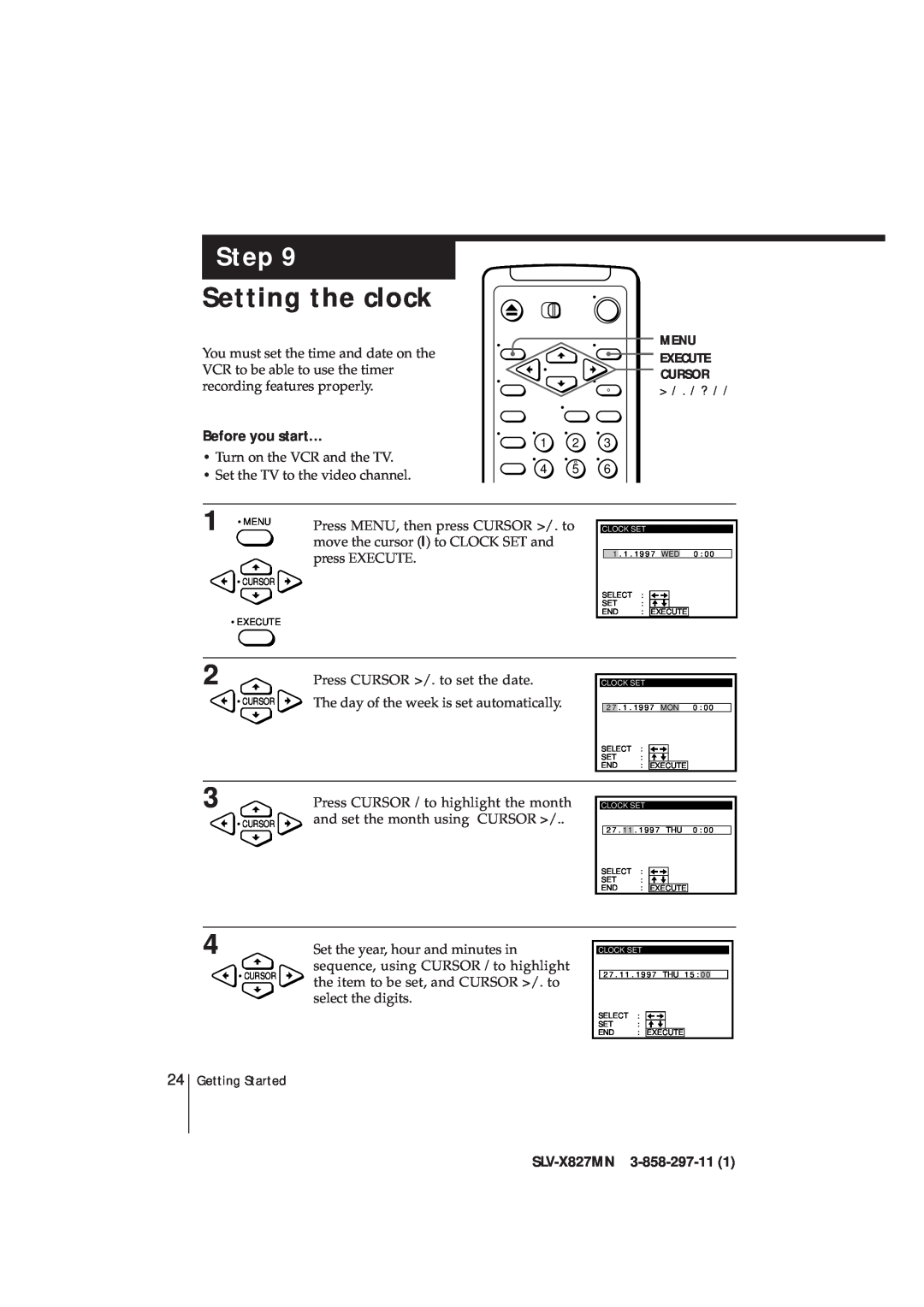 Sony manual Setting the clock, Step, Before you start…, SLV-X827MN 3-858-297-11, ? 1 2 4 5 