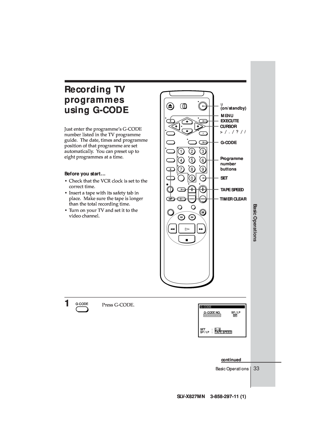 Sony manual Recording TV, programmes, using G-CODE, Before you start…, Operations, SLV-X827MN 3-858-297-11 