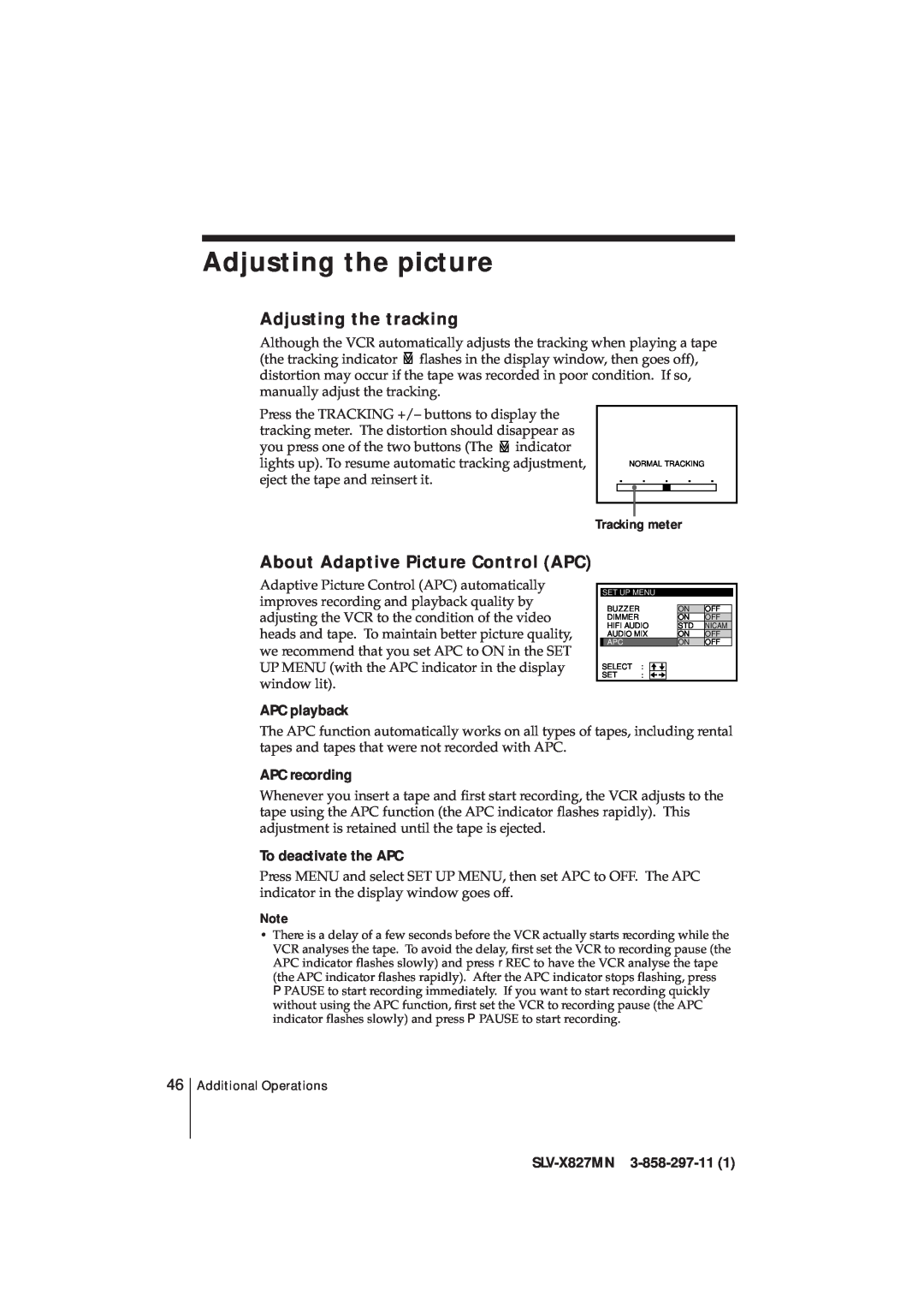Sony SLV-X827MN manual Adjusting the picture, Adjusting the tracking, About Adaptive Picture Control APC, APC playback 