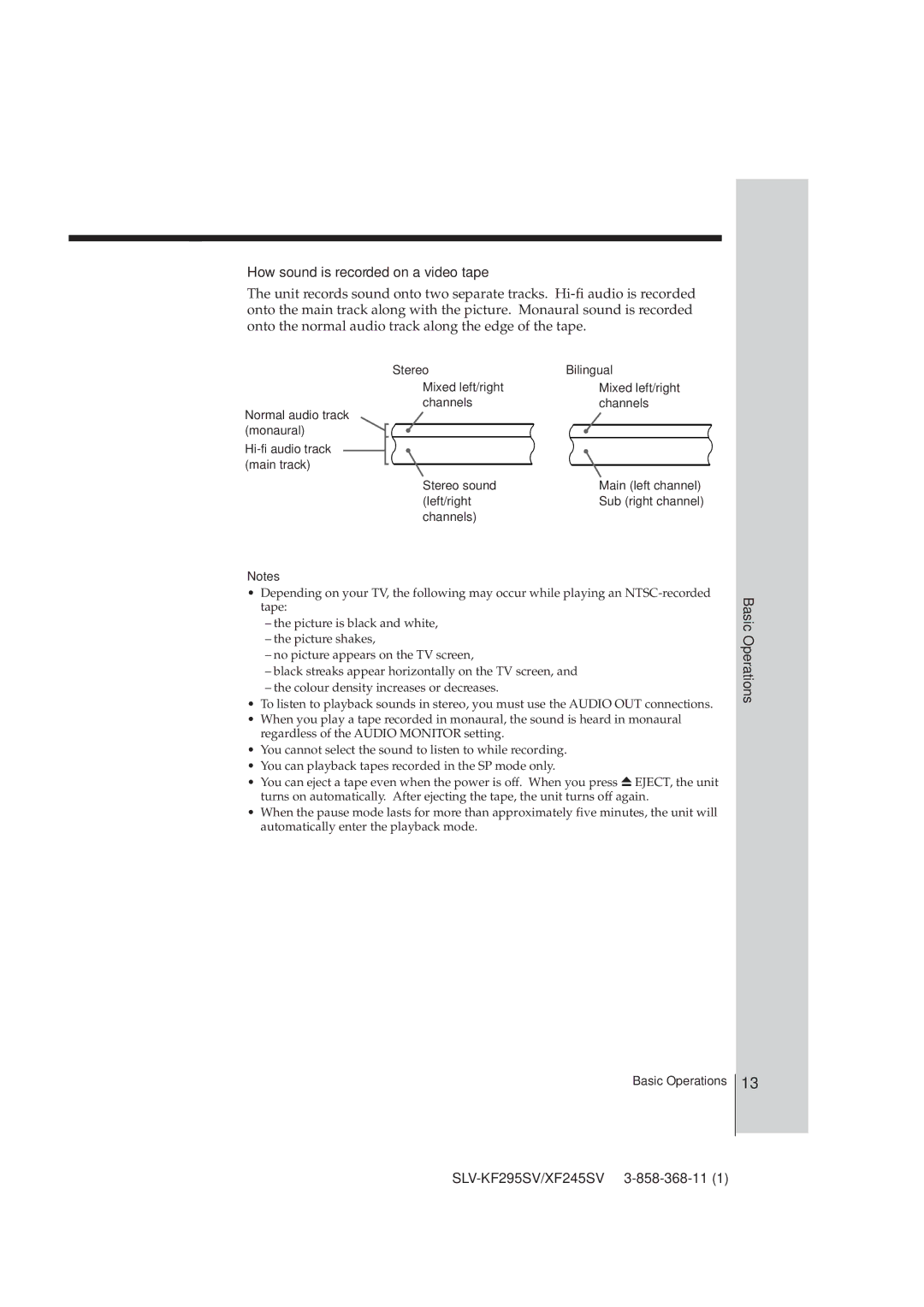 Sony SLV-KF295SV manual How sound is recorded on a video tape, Stereo Bilingual Mixed left/right, Left/right, Channels 