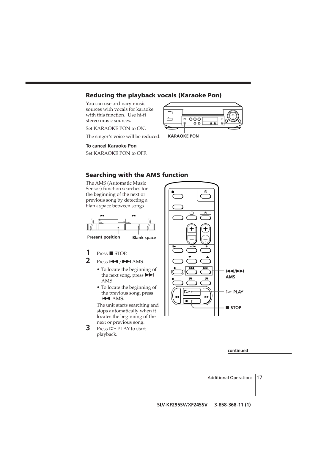 Sony SLV-KF295SV manual Reducing the playback vocals Karaoke Pon, Searching with the AMS function, To cancel Karaoke Pon 