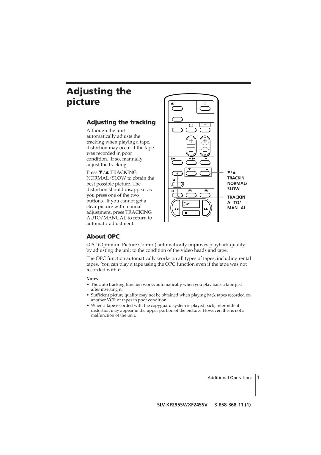 Sony SLV-KF295SV, SLV-XF245SV manual Adjusting the picture, Adjusting the tracking, About OPC 