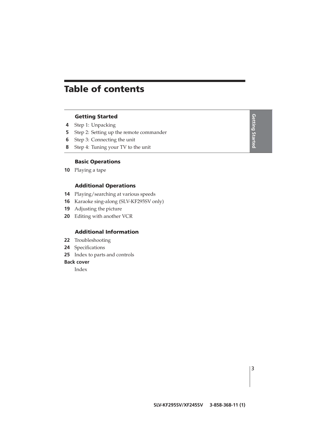 Sony SLV-KF295SV, SLV-XF245SV manual Table of contents 