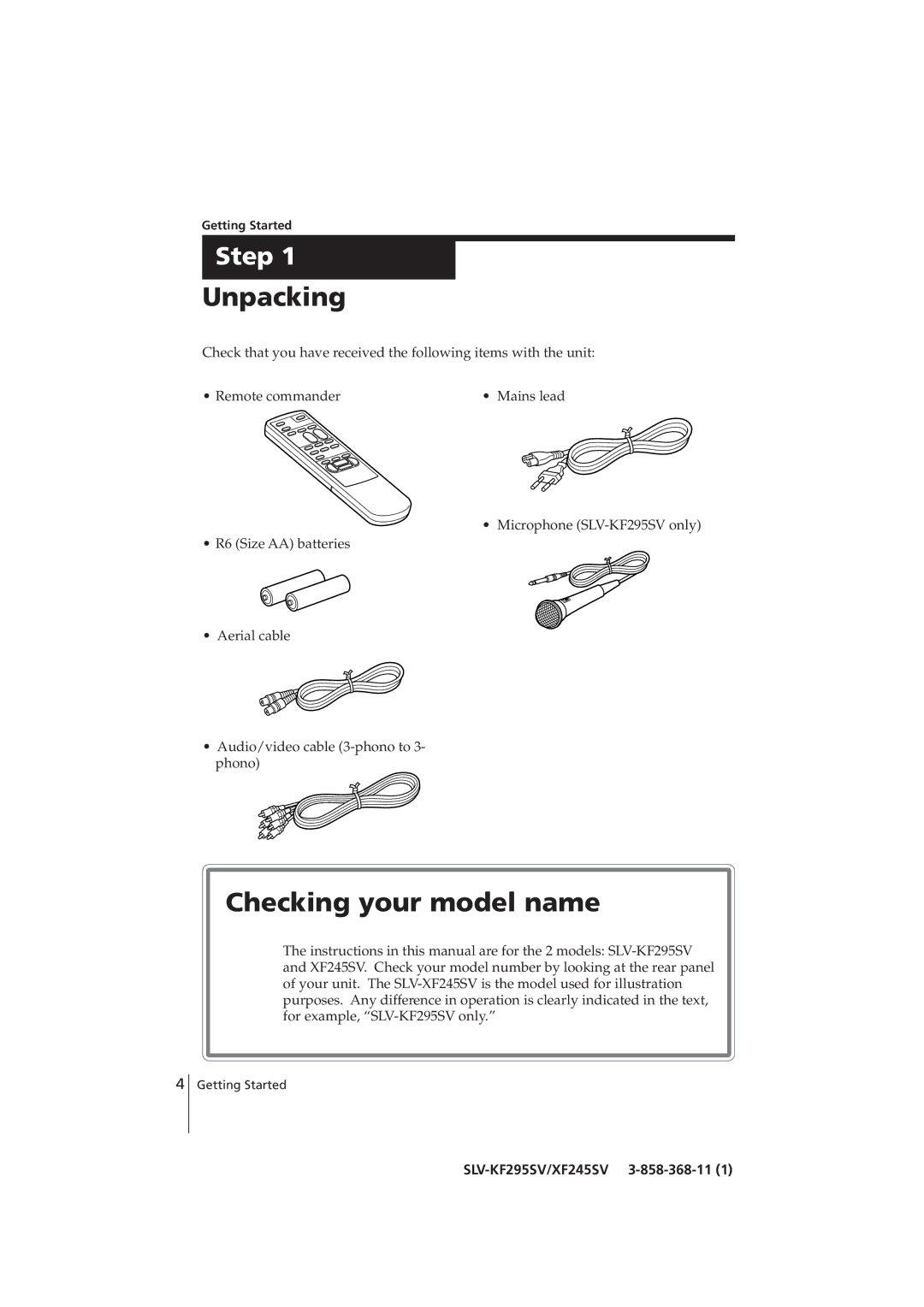 Sony SLV-XF245SV, SLV-KF295SV manual Unpacking, Checking your model name, Getting Started 