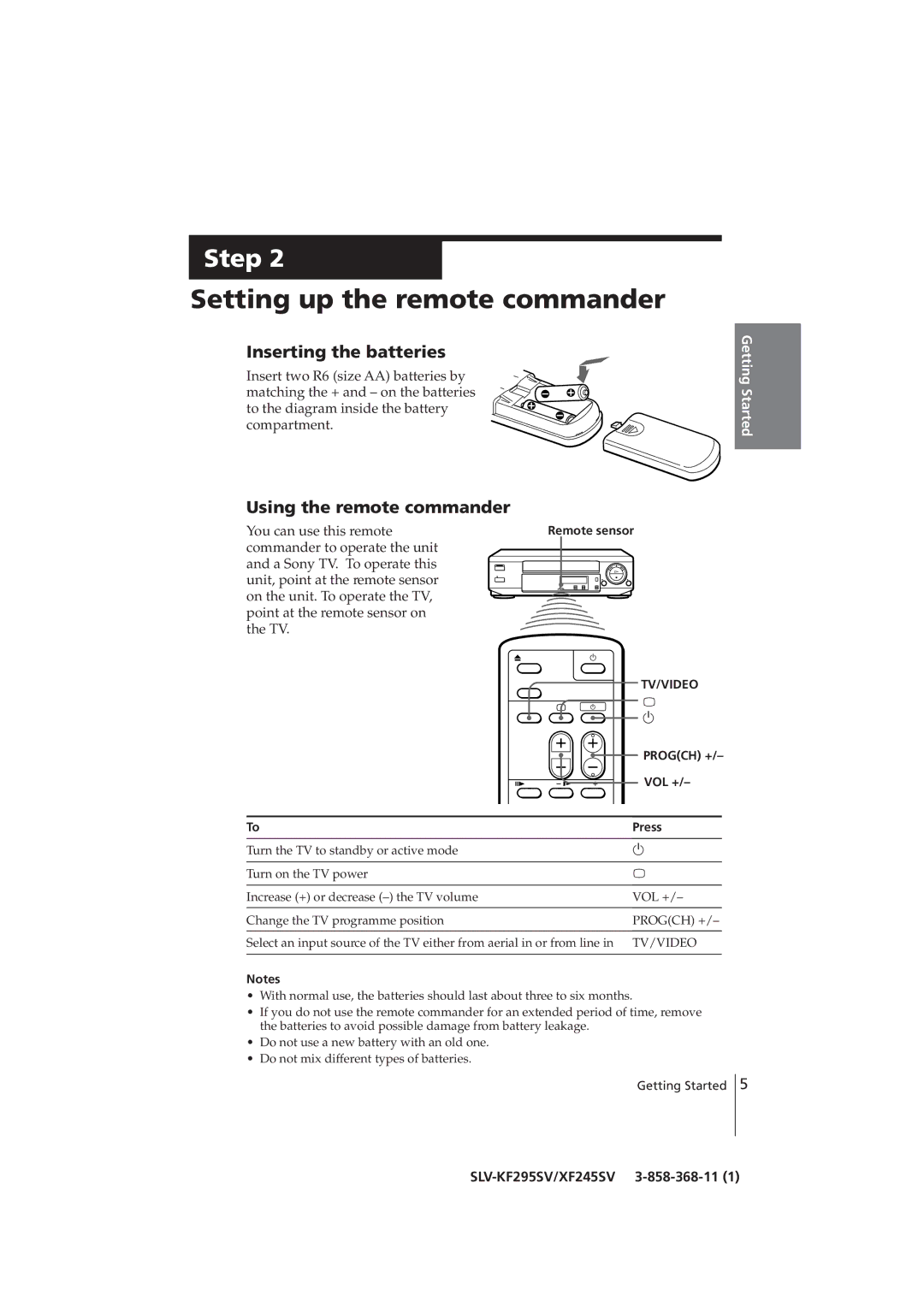 Sony SLV-KF295SV, SLV-XF245SV manual Setting up the remote commander, Inserting the batteries, Using the remote commander 